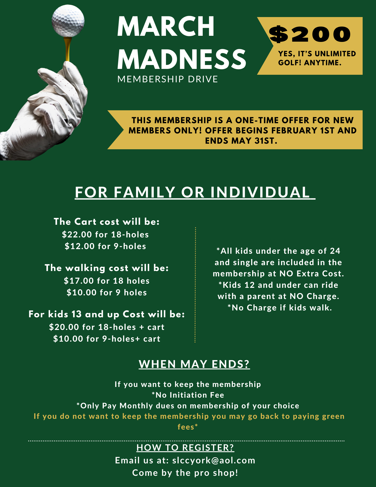 March Madness Membership Drive! $200 for unlimited golf anytime. Come by the pro shop for more details.